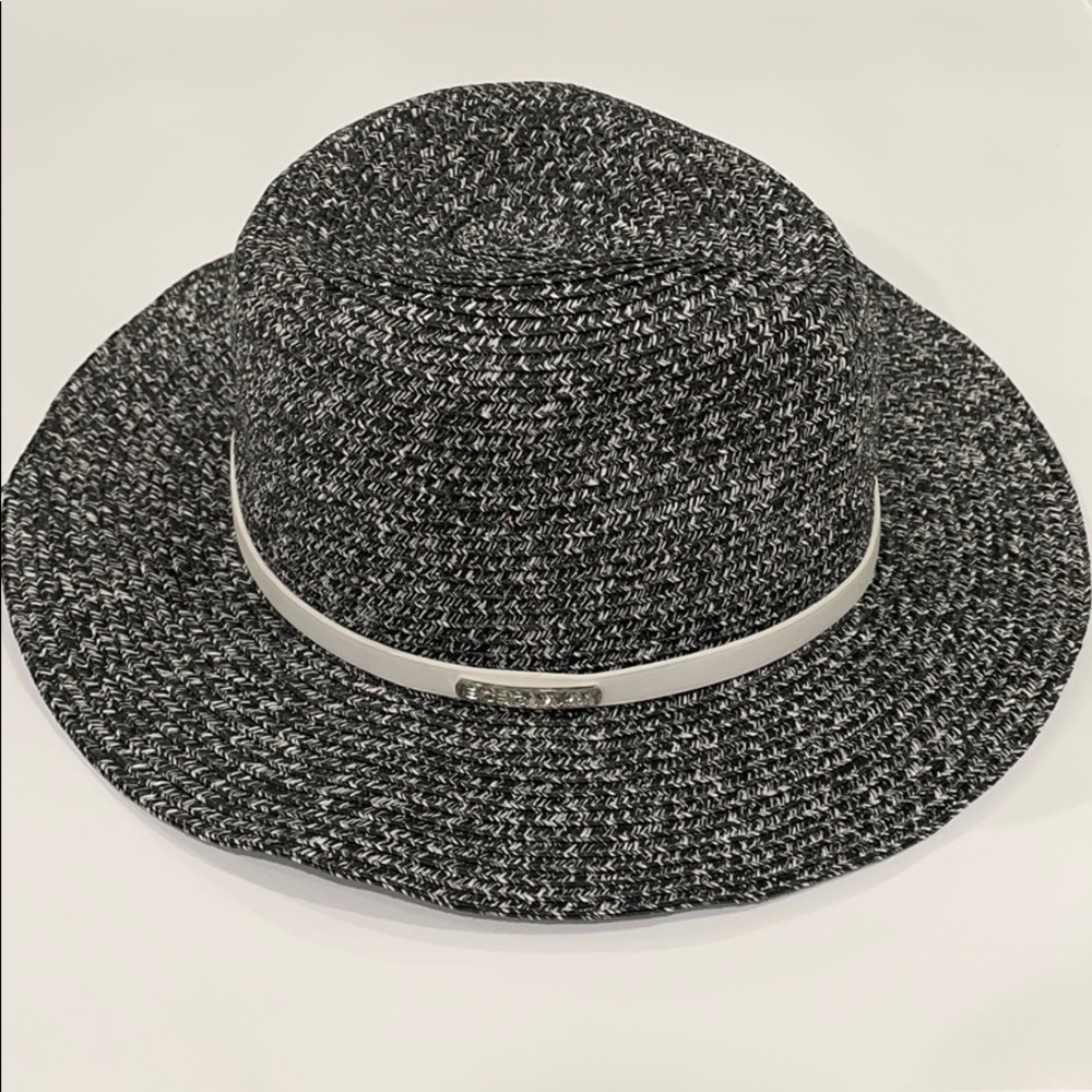 BCBGeneration Dark Gray and White Woven Beach Hat